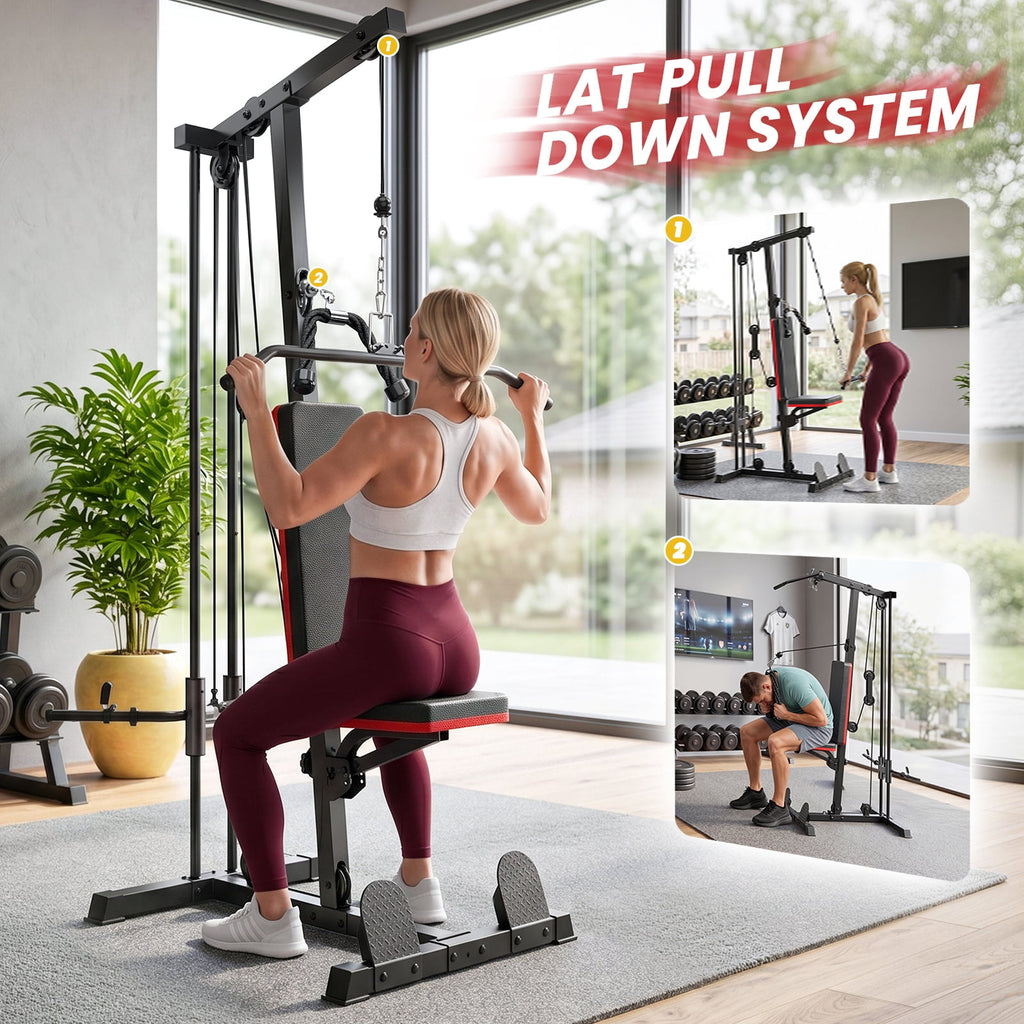 Home Gym Station with Lat Pulldown Seated Row Ab Crunch – 3-in-1 Cable Machine Includes 11lbs Weight Plates, Triceps Rope, Lat Bar, Cable Bar, Resistance Band Hooks
