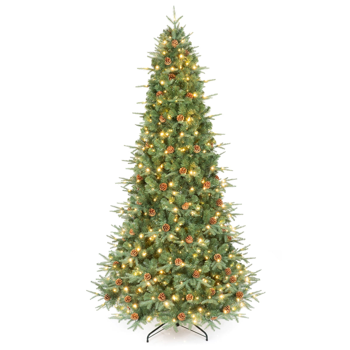 Costway 8Ft Pre-Lit Christmas Tree Hinged 600 LED Lights Pine Cones