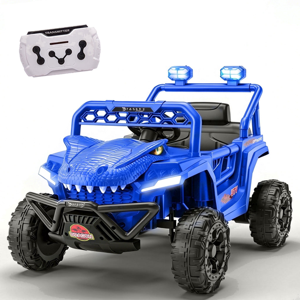 12V Dinosaur Ride on Car for Toddlers Ages 2-4, Kids Electric Ride on Toy with Remote Control, 2.49-3.11 MPH, Dual 35W Motors, Bluetooth, USB, LED, 4 Wheel Suspension Electric Cars for Kids, Green - Blue