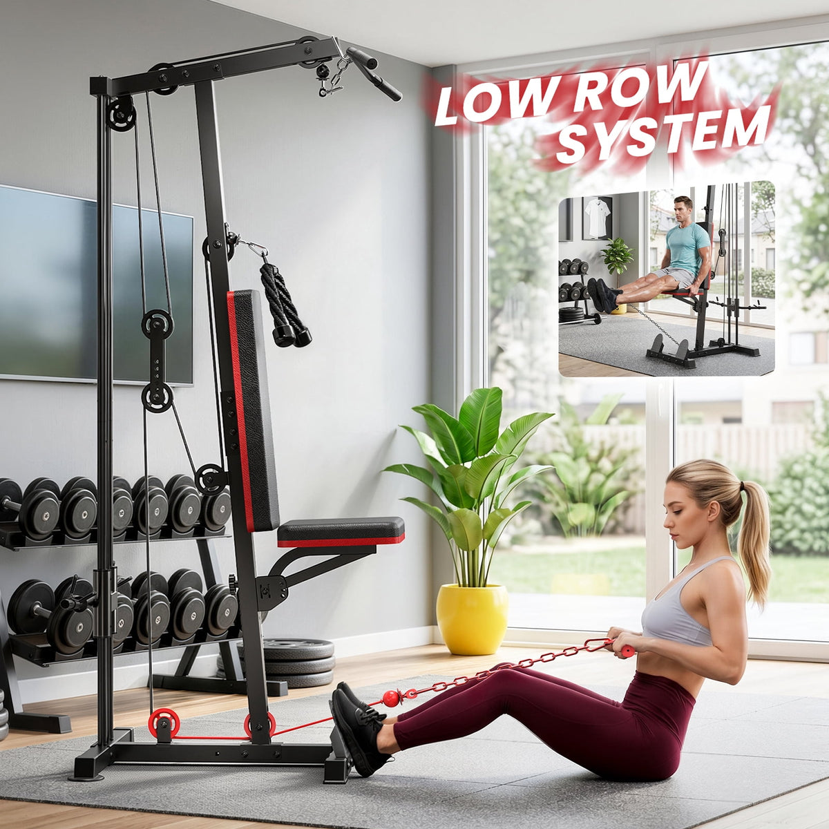 Home Gym Station with Lat Pulldown Seated Row Ab Crunch – 3-in-1 Cable Machine Includes 11lbs Weight Plates, Triceps Rope, Lat Bar, Cable Bar, Resistance Band Hooks