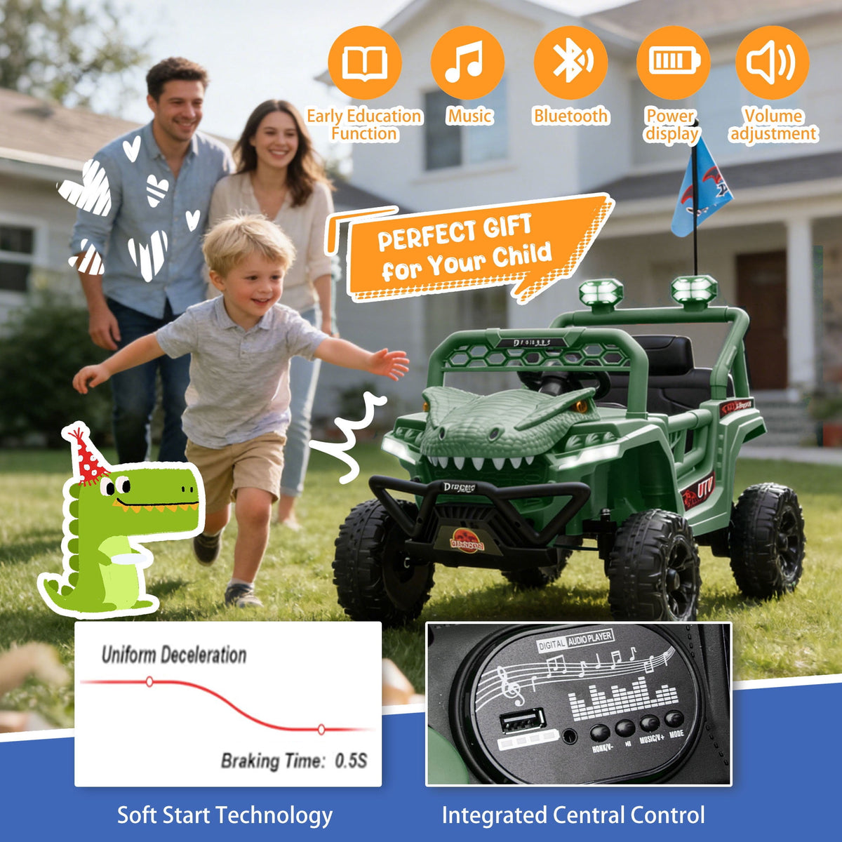 12V Dinosaur Ride on Car for Toddlers Ages 2-4, Kids Electric Ride on Toy with Remote Control, 2.49-3.11 MPH, Dual 35W Motors, Bluetooth, USB, LED, 4 Wheel Suspension Electric Cars for Kids, Green