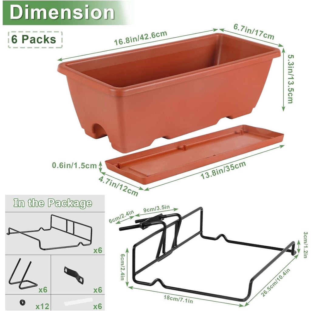 6 Pack Railing Planter Box for Balcony Fences Garden, 16.9 Inch Deck Railing Planter Boxes for Plants, Rectangular Hanging Window Boxes Planters, Red