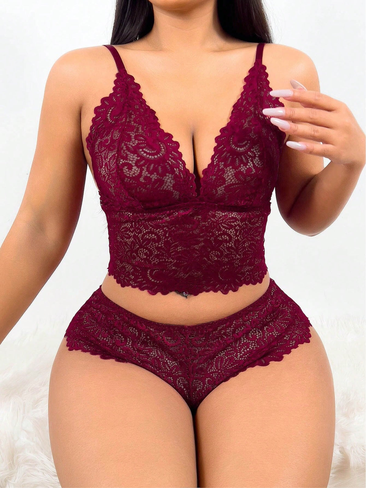 Classic Lace Lingerie Set Spaghetti Strap Backless, Contrast Lace Floral Pattern Underwear