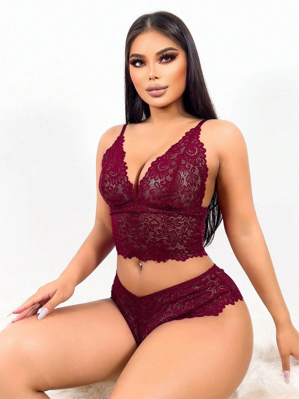Classic Lace Lingerie Set Spaghetti Strap Backless, Contrast Lace Floral Pattern Underwear