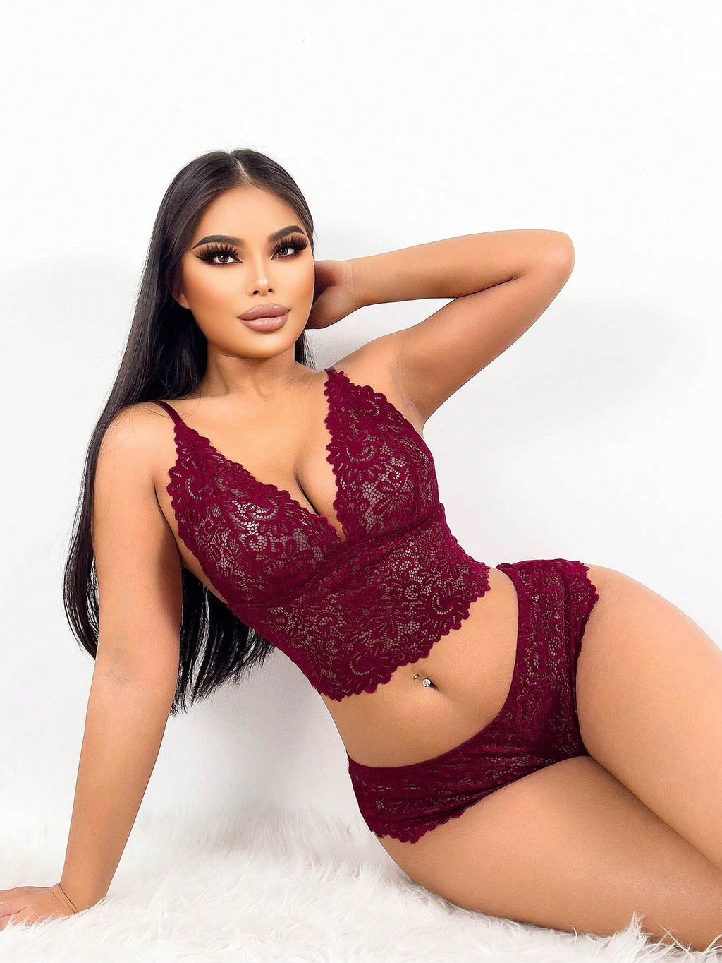 Classic Lace Lingerie Set Spaghetti Strap Backless, Contrast Lace Floral Pattern Underwear - Burgundy