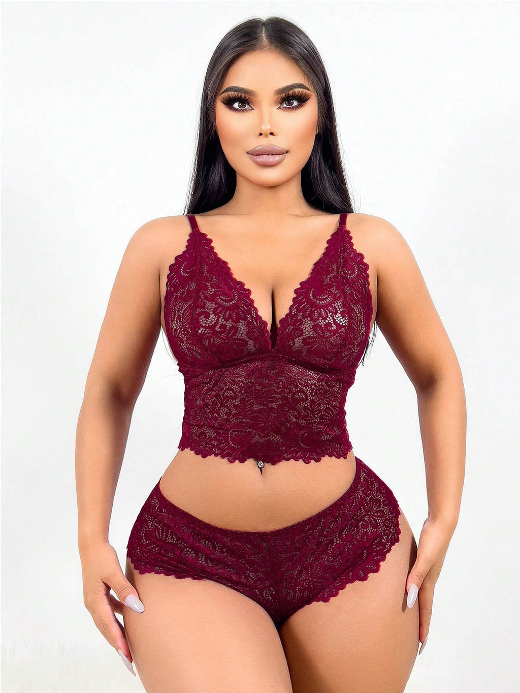 Classic Lace Lingerie Set Spaghetti Strap Backless, Contrast Lace Floral Pattern Underwear