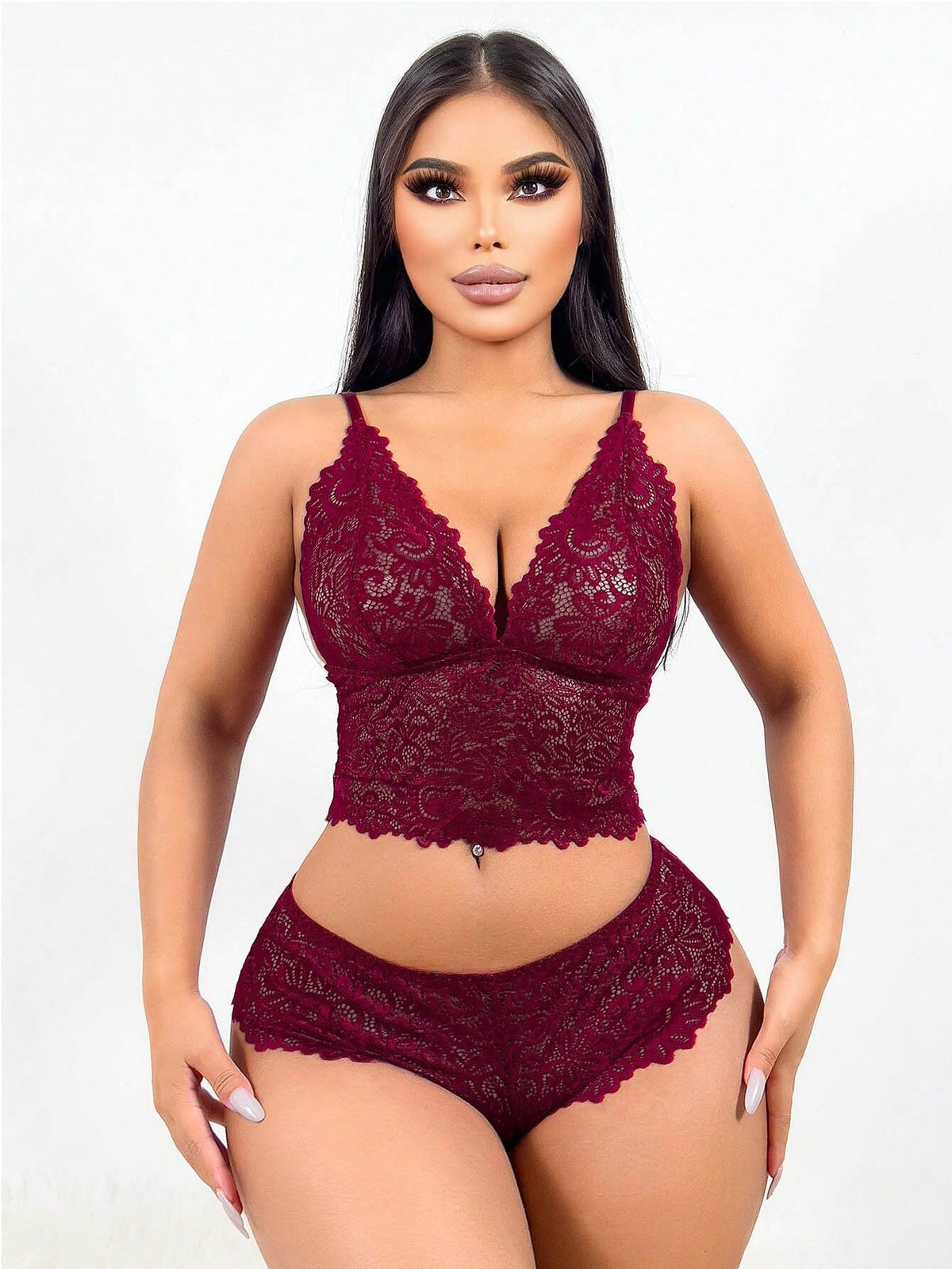 Classic Lace Lingerie Set Spaghetti Strap Backless, Contrast Lace Floral Pattern Underwear