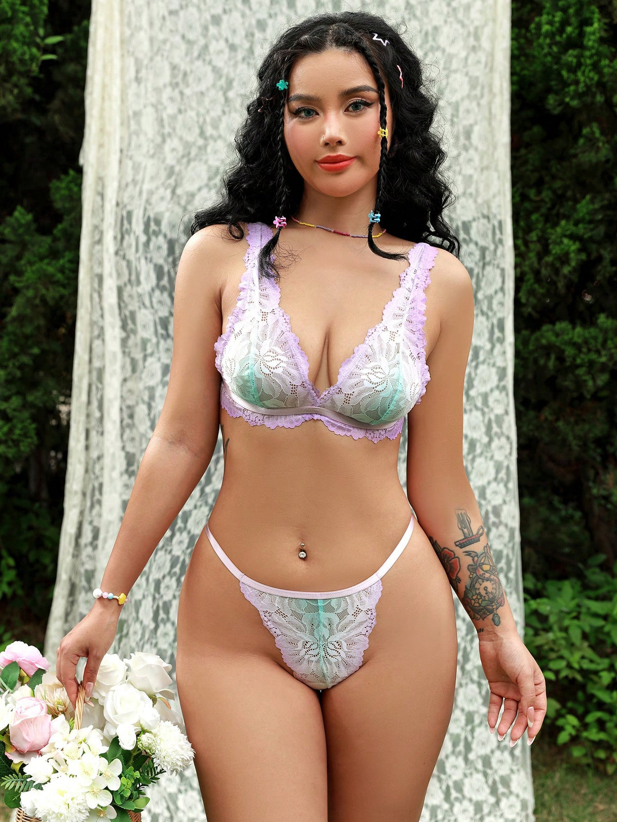 Gradient Lace Wireless Bra And Thong Set Lingerie