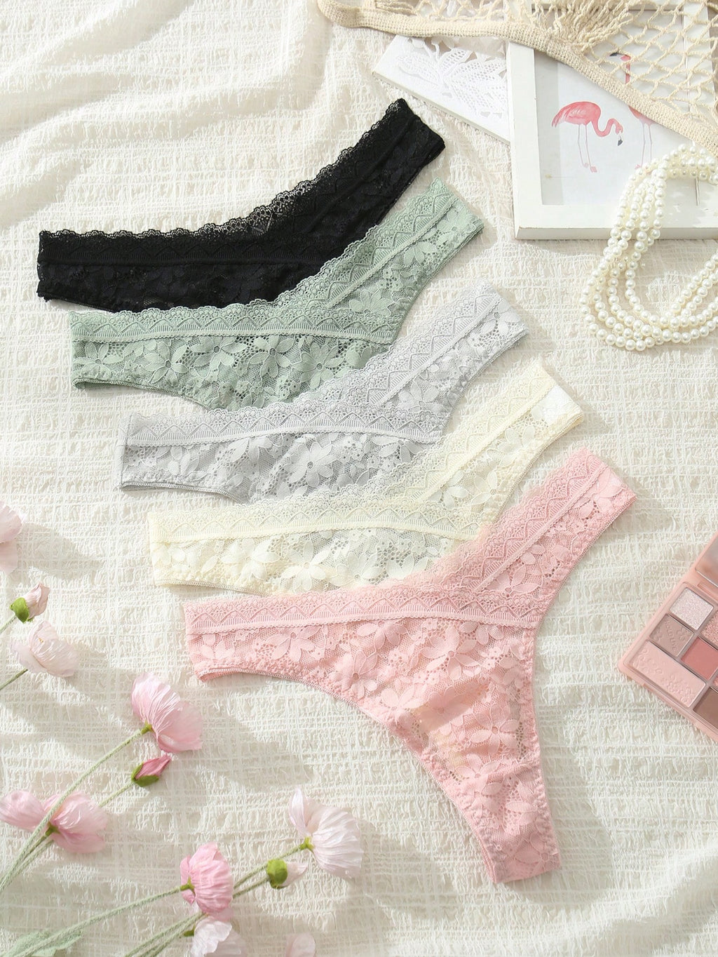 5pcs Women's Solid Color Lace Thongs Sexy Lingerie - Multicolor