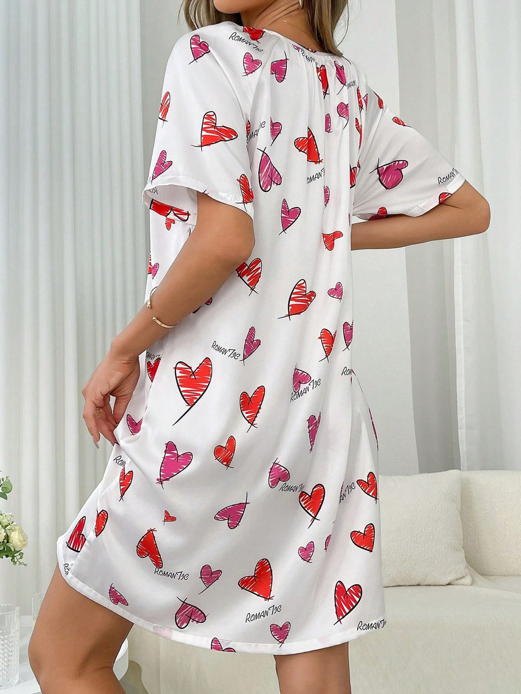 Women's Fashionable Heart Printed Short Sleeve Homewear Dress