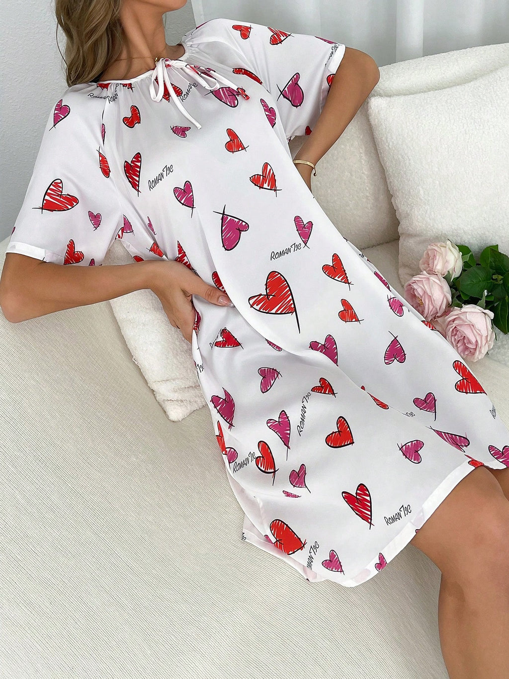 Women's Fashionable Heart Printed Short Sleeve Homewear Dress