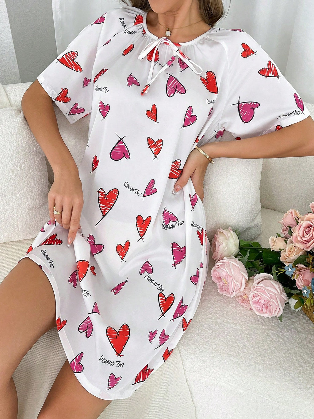 Women's Fashionable Heart Printed Short Sleeve Homewear Dress
