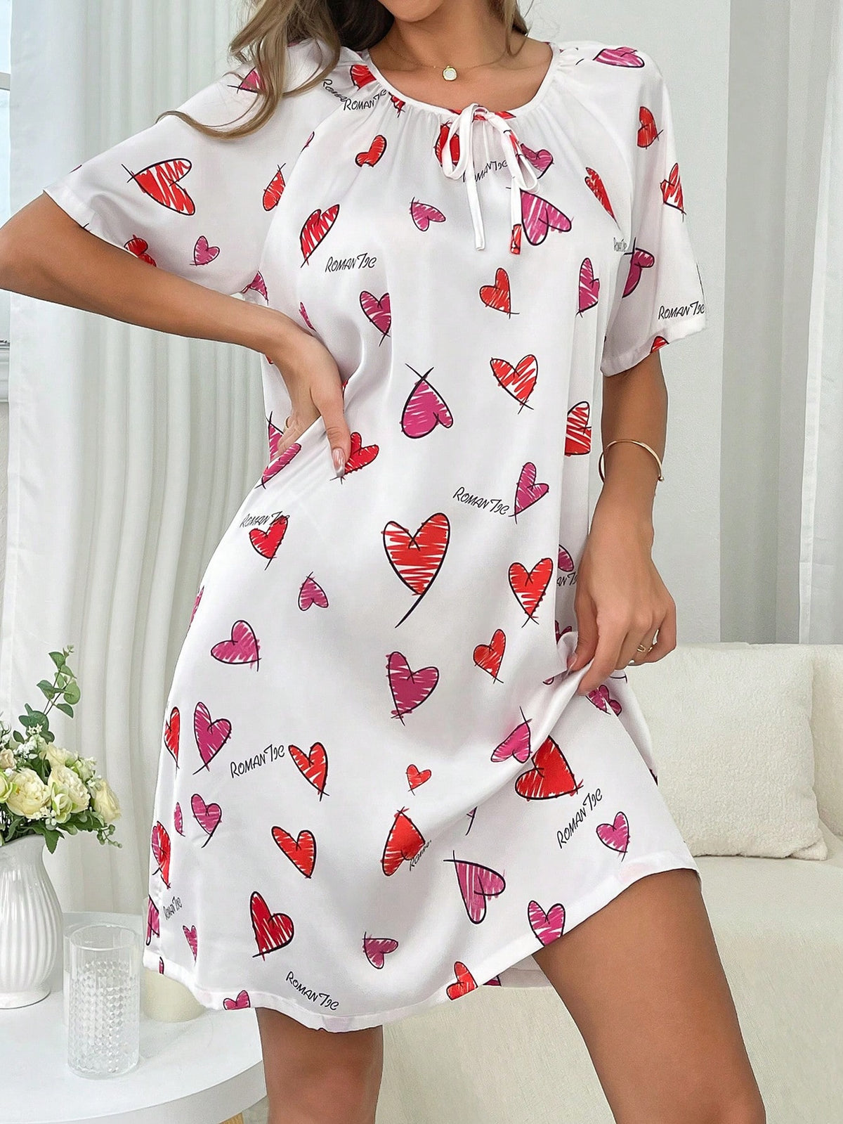 Women's Fashionable Heart Printed Short Sleeve Homewear Dress