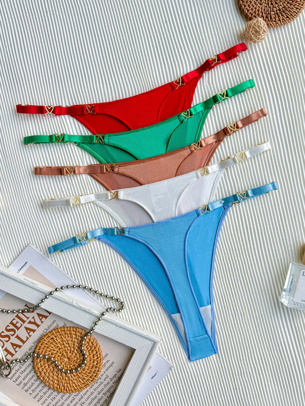 Women's Fashionable & Sexy Heart Designed Bright Colored 5pcs Thongs Set