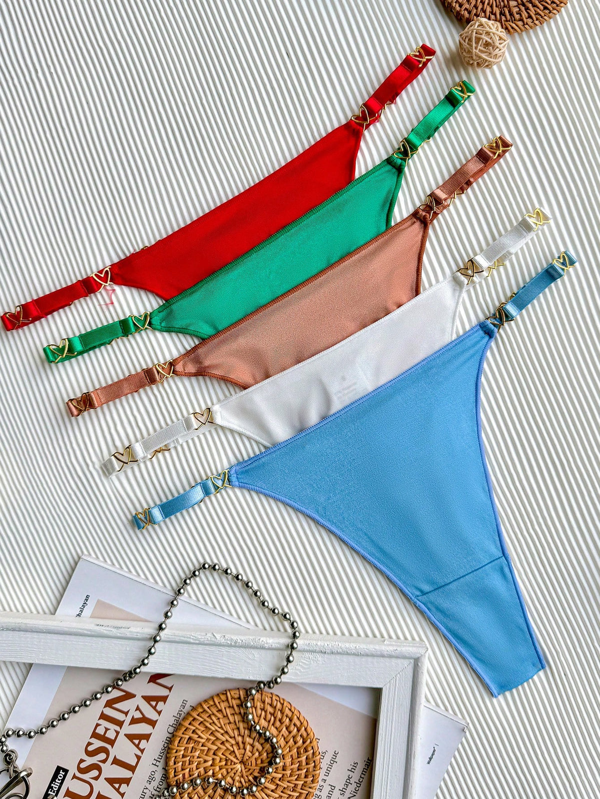 Women's Fashionable & Sexy Heart Designed Bright Colored 5pcs Thongs Set
