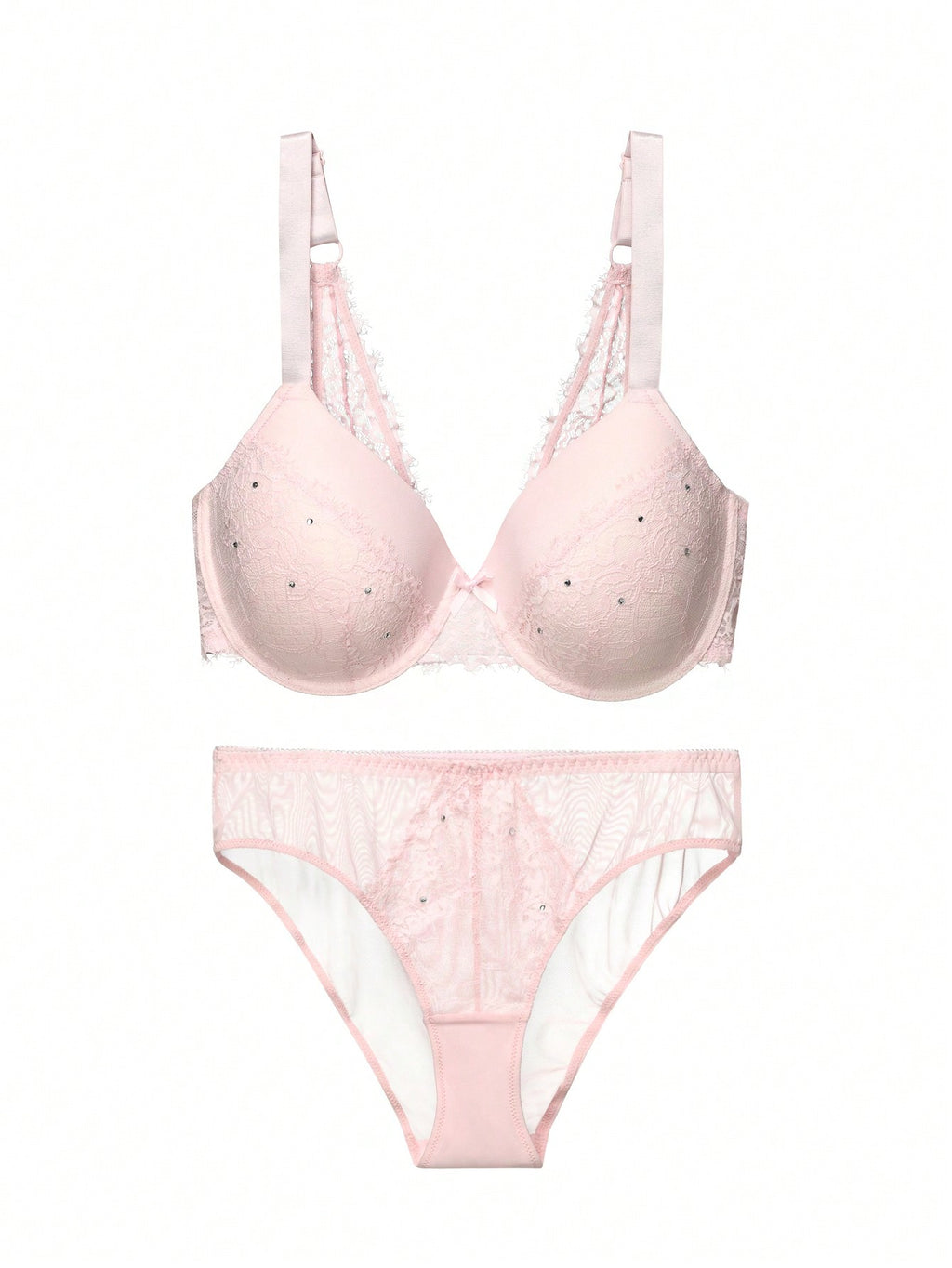 2pcs/Set Plus Size Pink Eyelash Lace & Mesh Underwire Bralette With Moulded Cups, Lingerie