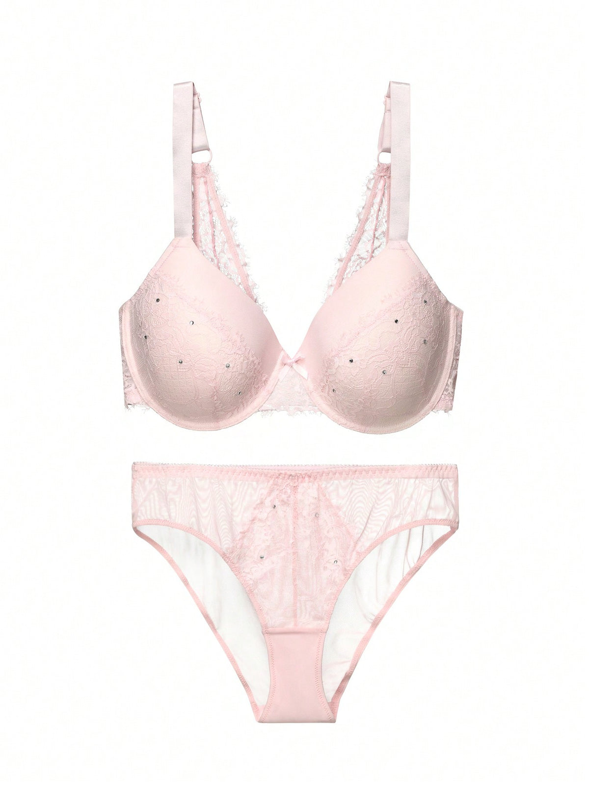 2pcs/Set Plus Size Pink Eyelash Lace & Mesh Underwire Bralette With Moulded Cups, Lingerie