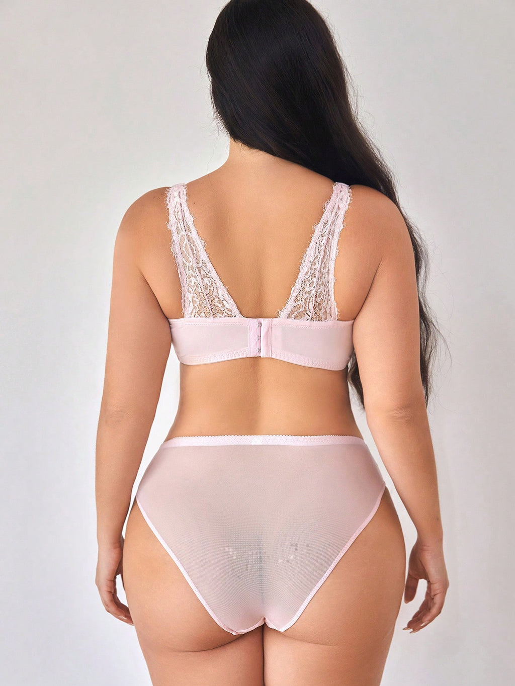 2pcs/Set Plus Size Pink Eyelash Lace & Mesh Underwire Bralette With Moulded Cups, Lingerie