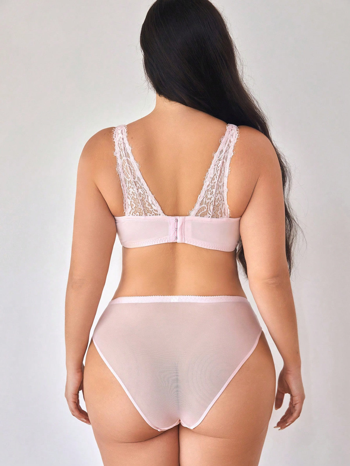 2pcs/Set Plus Size Pink Eyelash Lace & Mesh Underwire Bralette With Moulded Cups, Lingerie