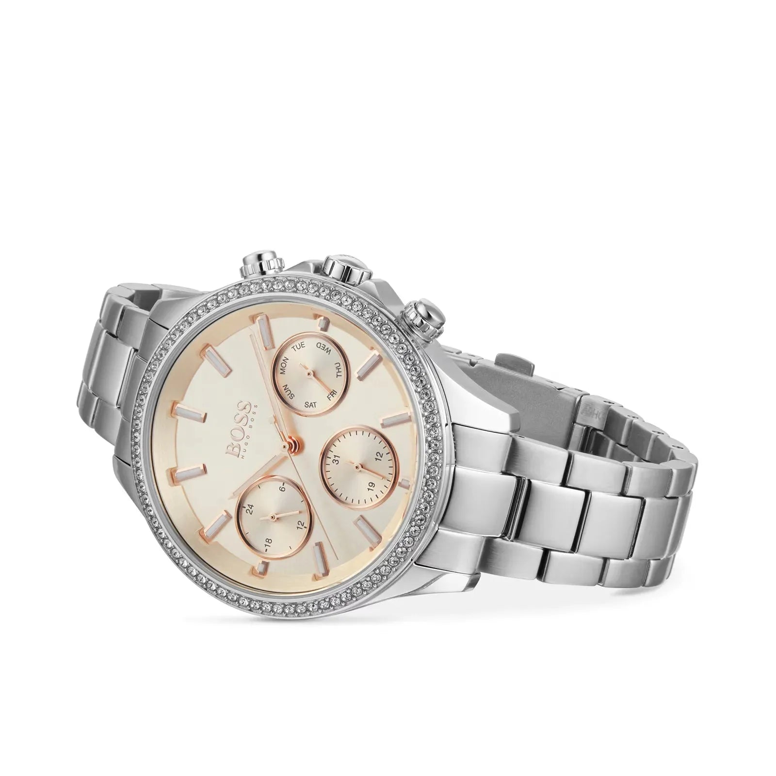 Hugo Boss Womens 1502565 Pandora Silver Tone Stainless Steel Watch With Rose Gold Dial