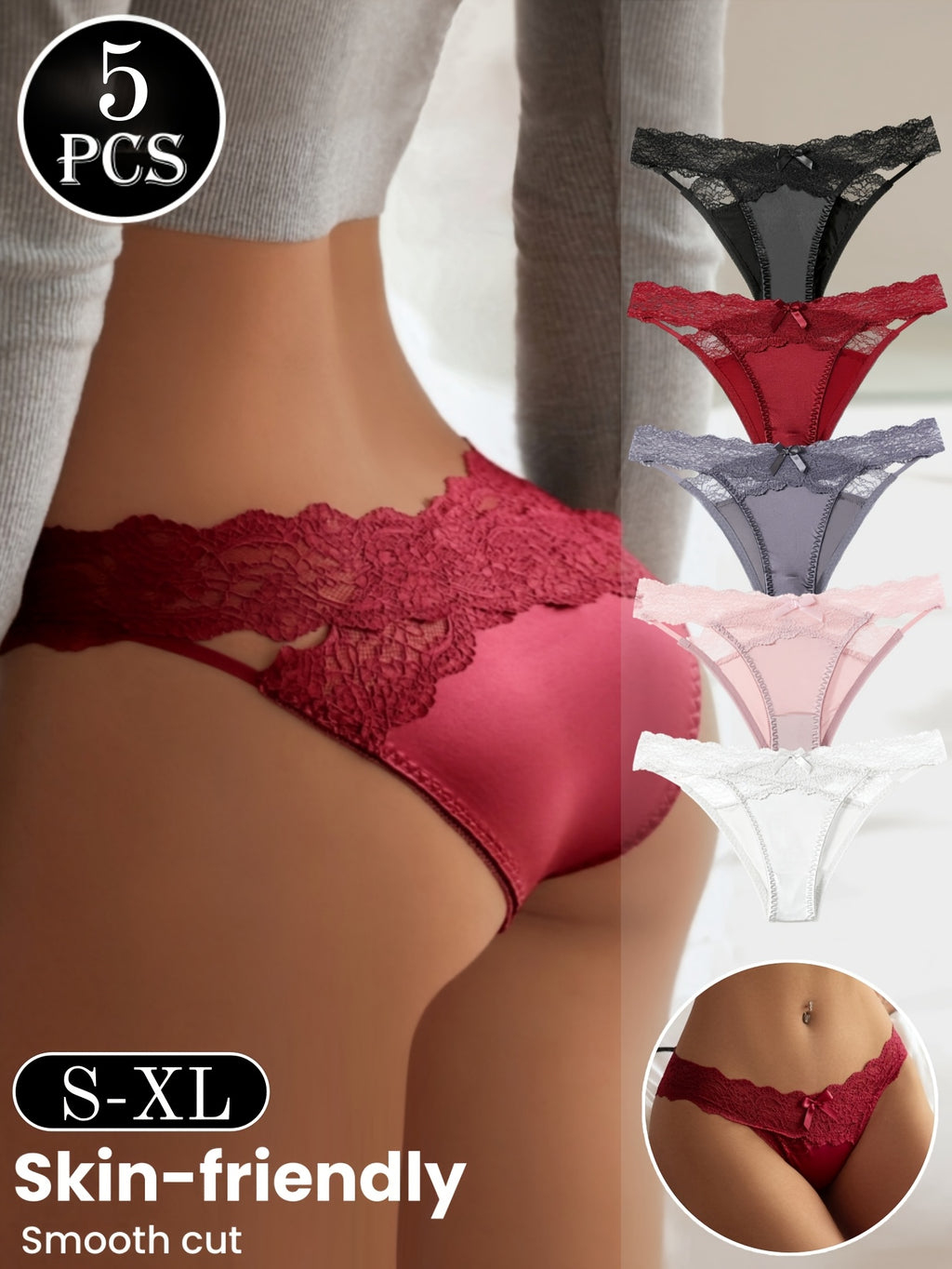 5pcs French-Style Low-Waist Lace Hollow-Out Sexy Satin Bow Panties,