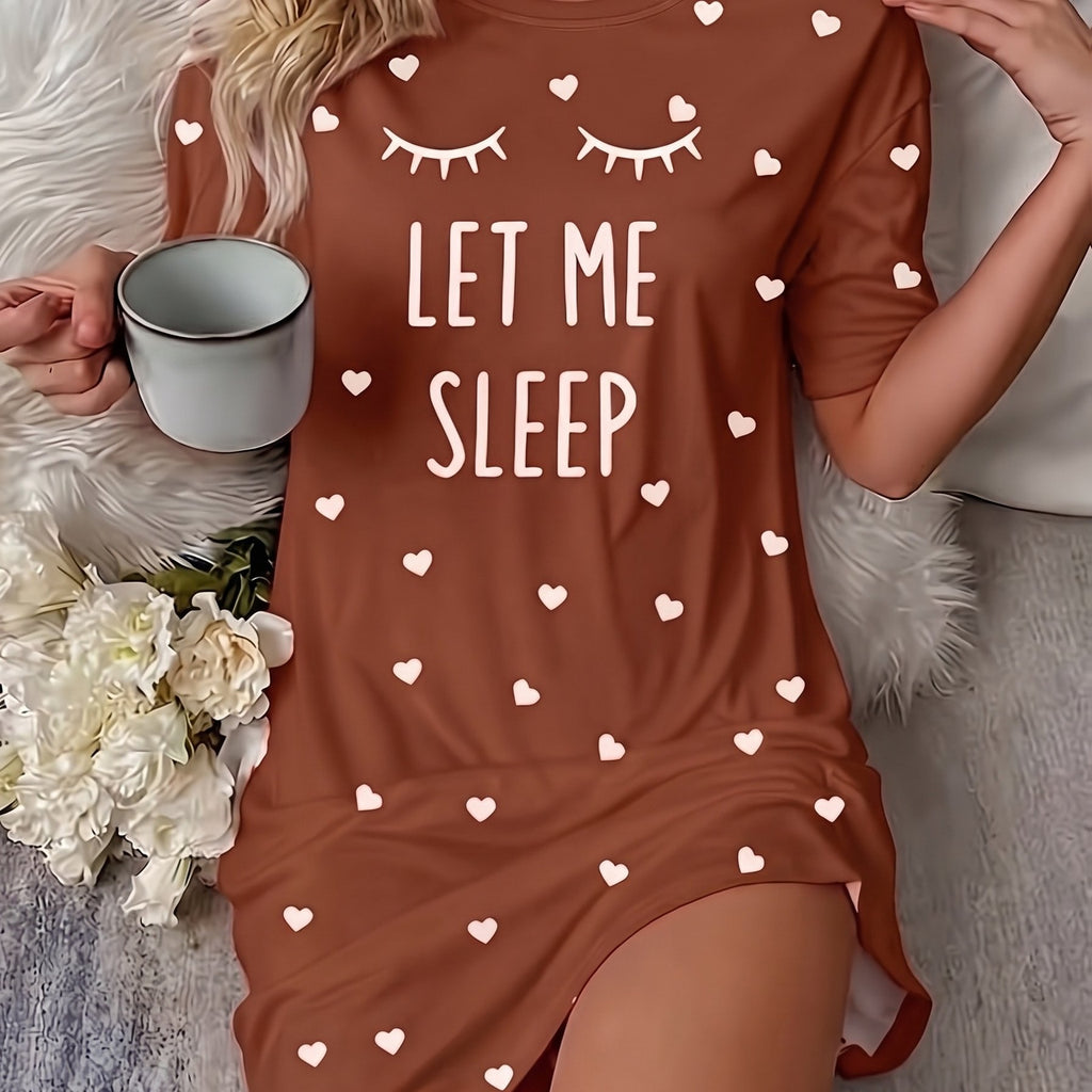 "Sleep" Slogan Eyelash Nightgown - - Bean color