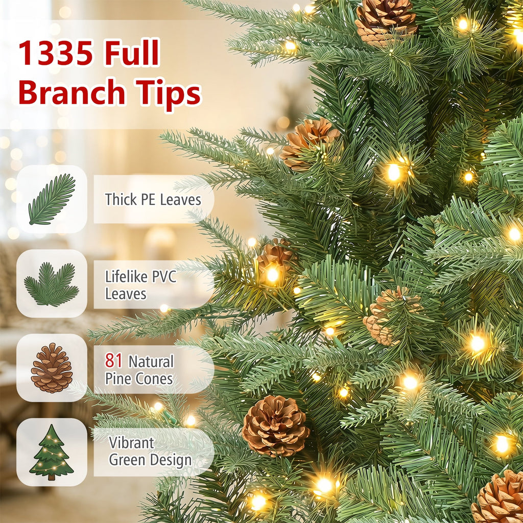 Costway 8Ft Pre-Lit Christmas Tree Hinged 600 LED Lights Pine Cones