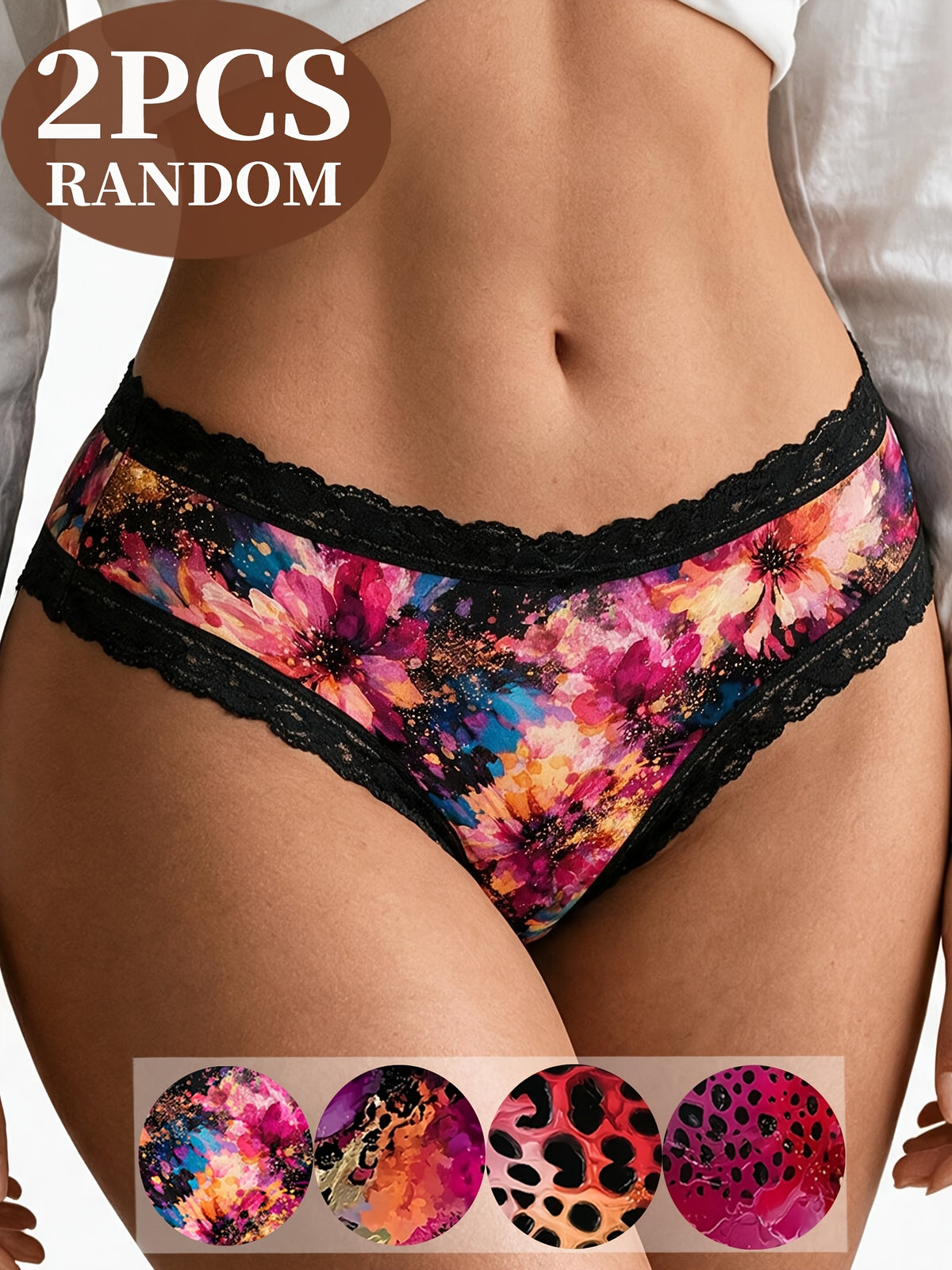 Random 2-Pack Floral Leopard Print Lace  Panties,
