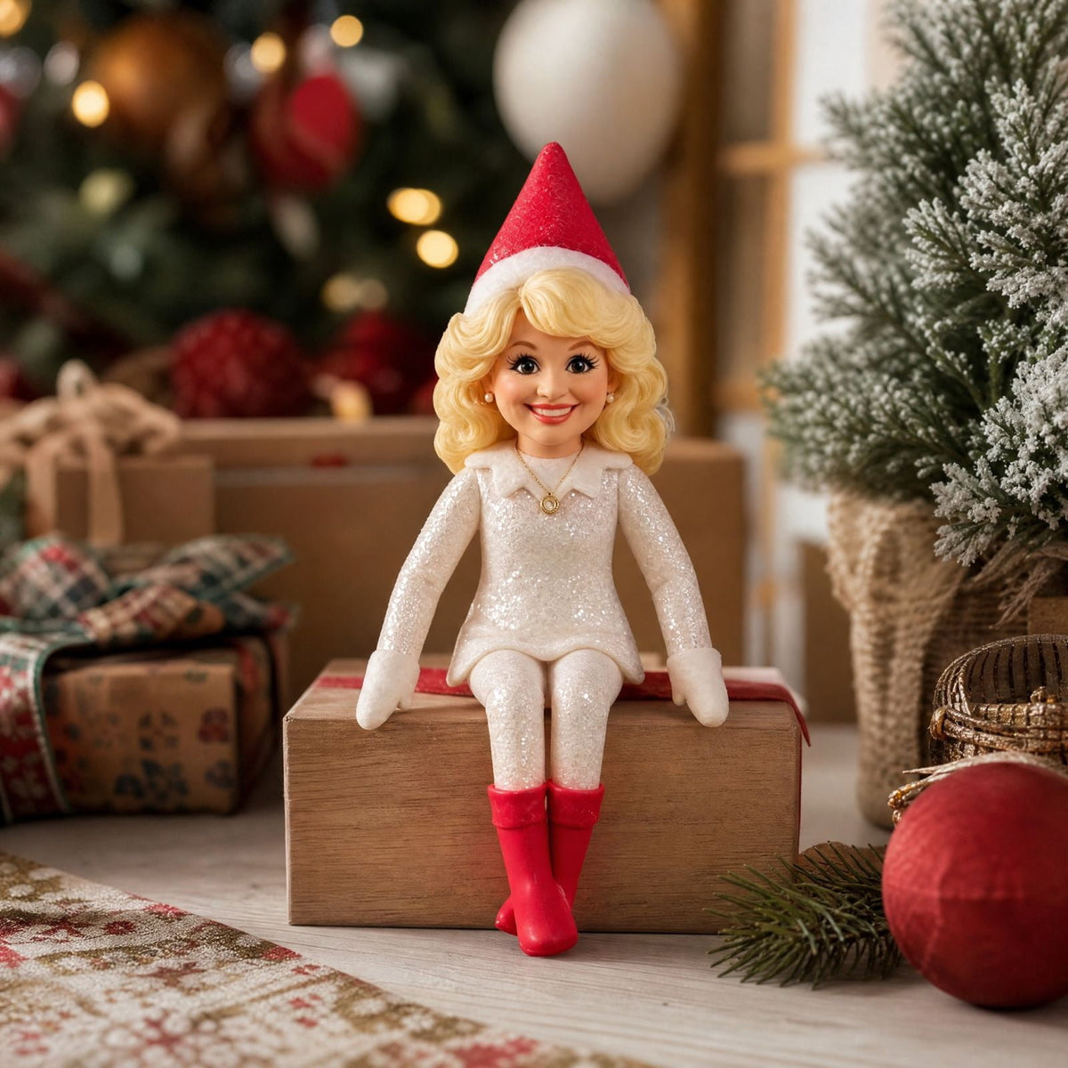 Dolly Blonde Christmas Shelf Elf Doll Figurine, Sparkly White Country Diva Holiday Sitting Toy, Festive Home Mantel Bookshelf Decor Gifts
