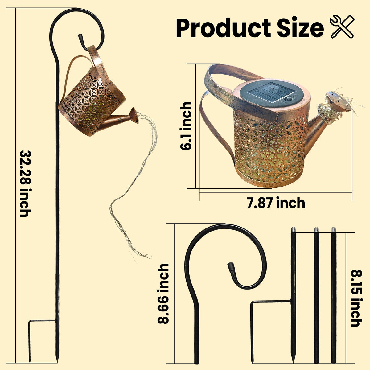 VOLIVO 72 LED Solar Watering Can with Lights, Outdoor Hanging Lantern Solar Lights with Shepherd Hook for Lawn Pathway Backyard Decor