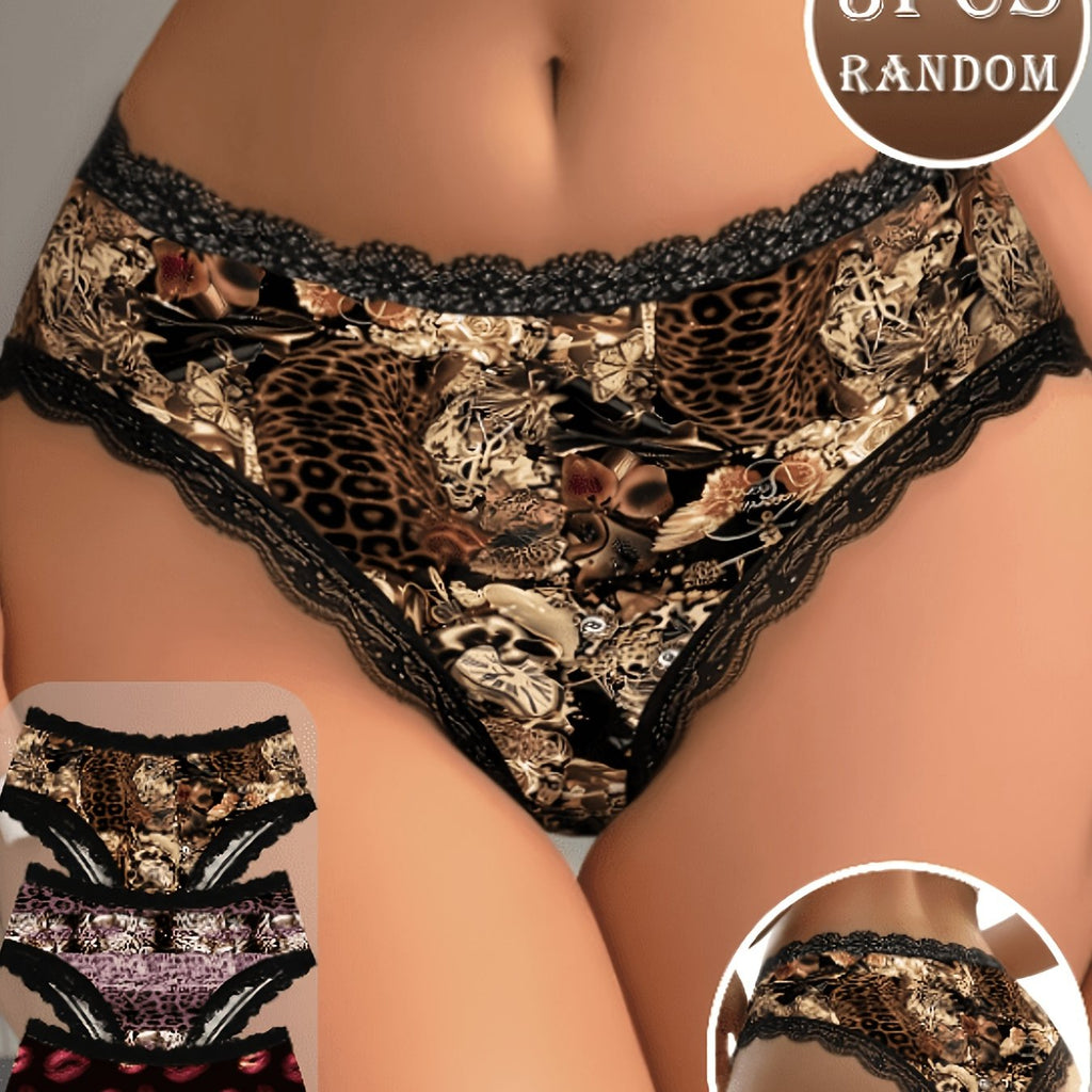 Random 3-Pack  Leopard Print And Lips Pattern Lace Triangle Panties - - Random 3 Pack