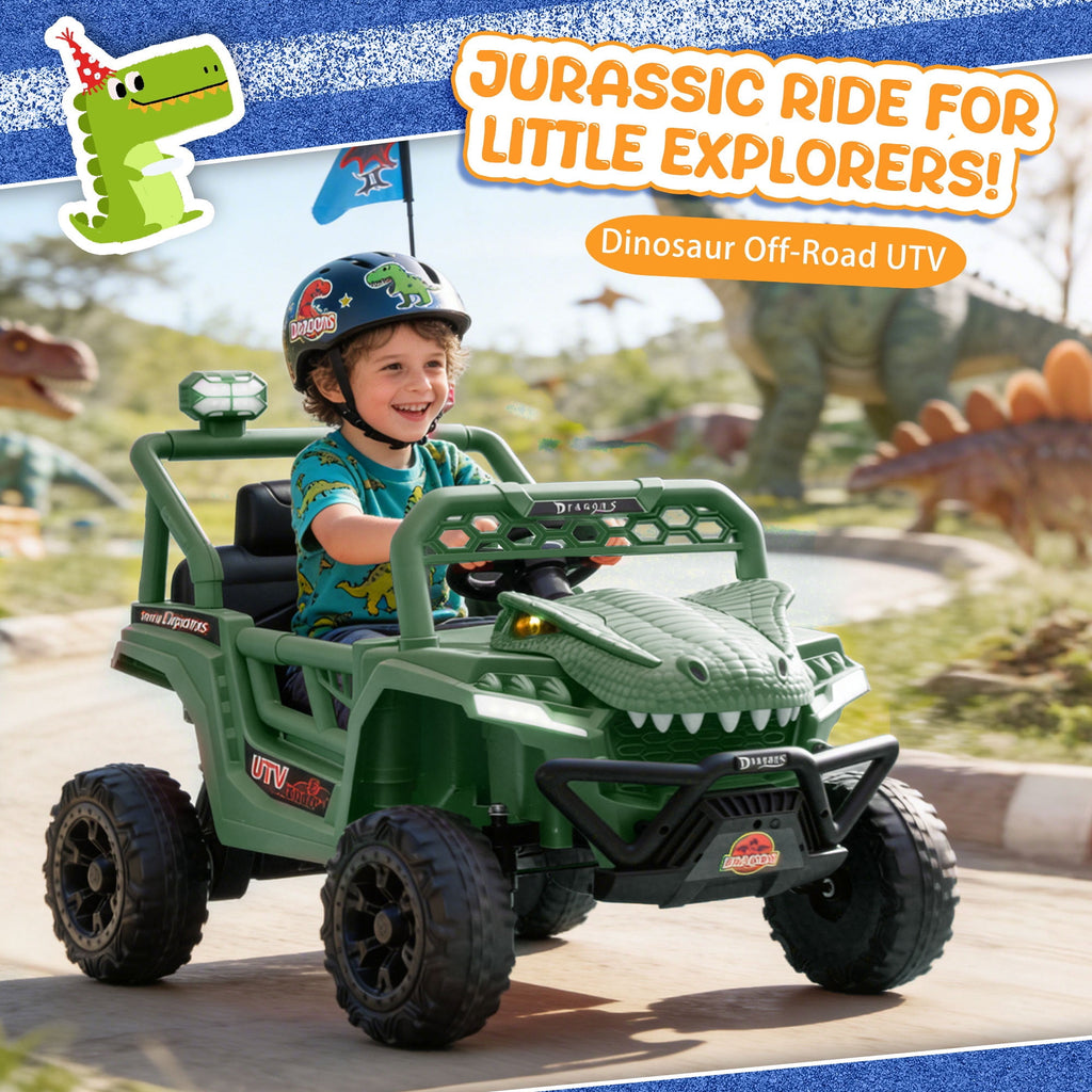 12V Dinosaur Ride on Car for Toddlers Ages 2-4, Kids Electric Ride on Toy with Remote Control, 2.49-3.11 MPH, Dual 35W Motors, Bluetooth, USB, LED, 4 Wheel Suspension Electric Cars for Kids, Green