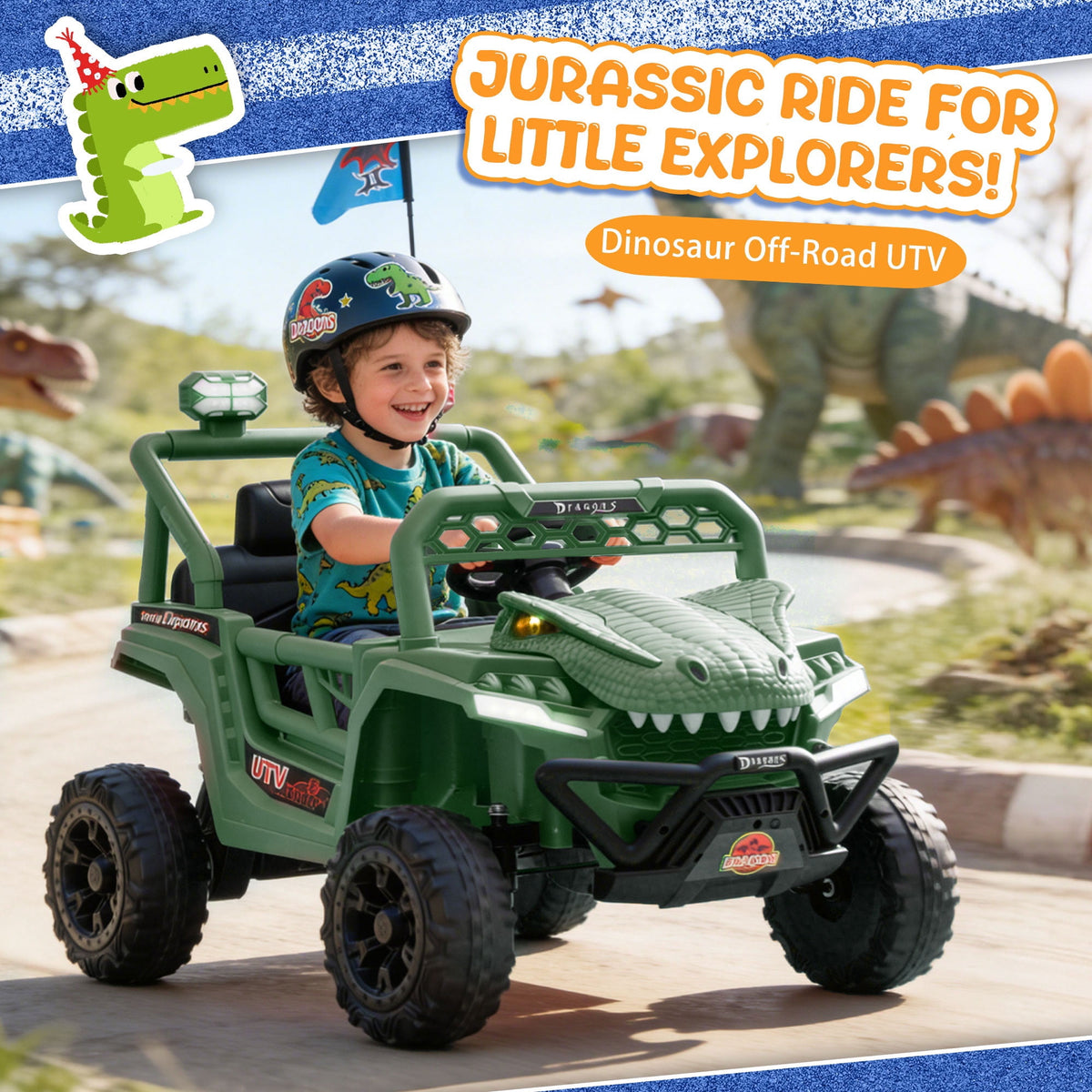 12V Dinosaur Ride on Car for Toddlers Ages 2-4, Kids Electric Ride on Toy with Remote Control, 2.49-3.11 MPH, Dual 35W Motors, Bluetooth, USB, LED, 4 Wheel Suspension Electric Cars for Kids, Green