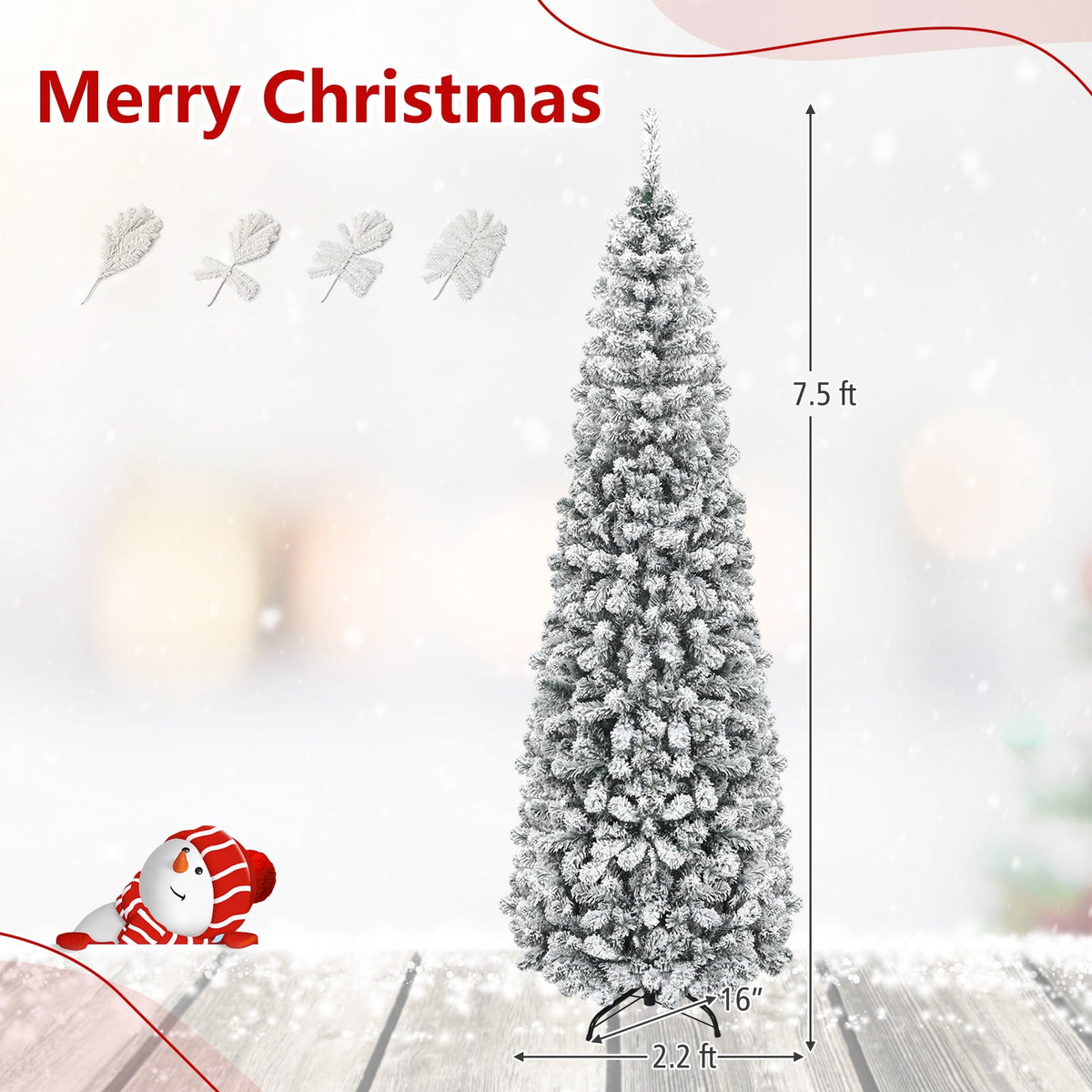 Costway  Unlit Flocked Pencil Christmas Tree Hinged with 641 Branch Tips