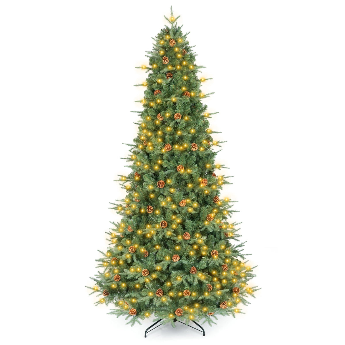 Costway 8Ft Pre-Lit Christmas Tree Hinged 600 LED Lights Pine Cones