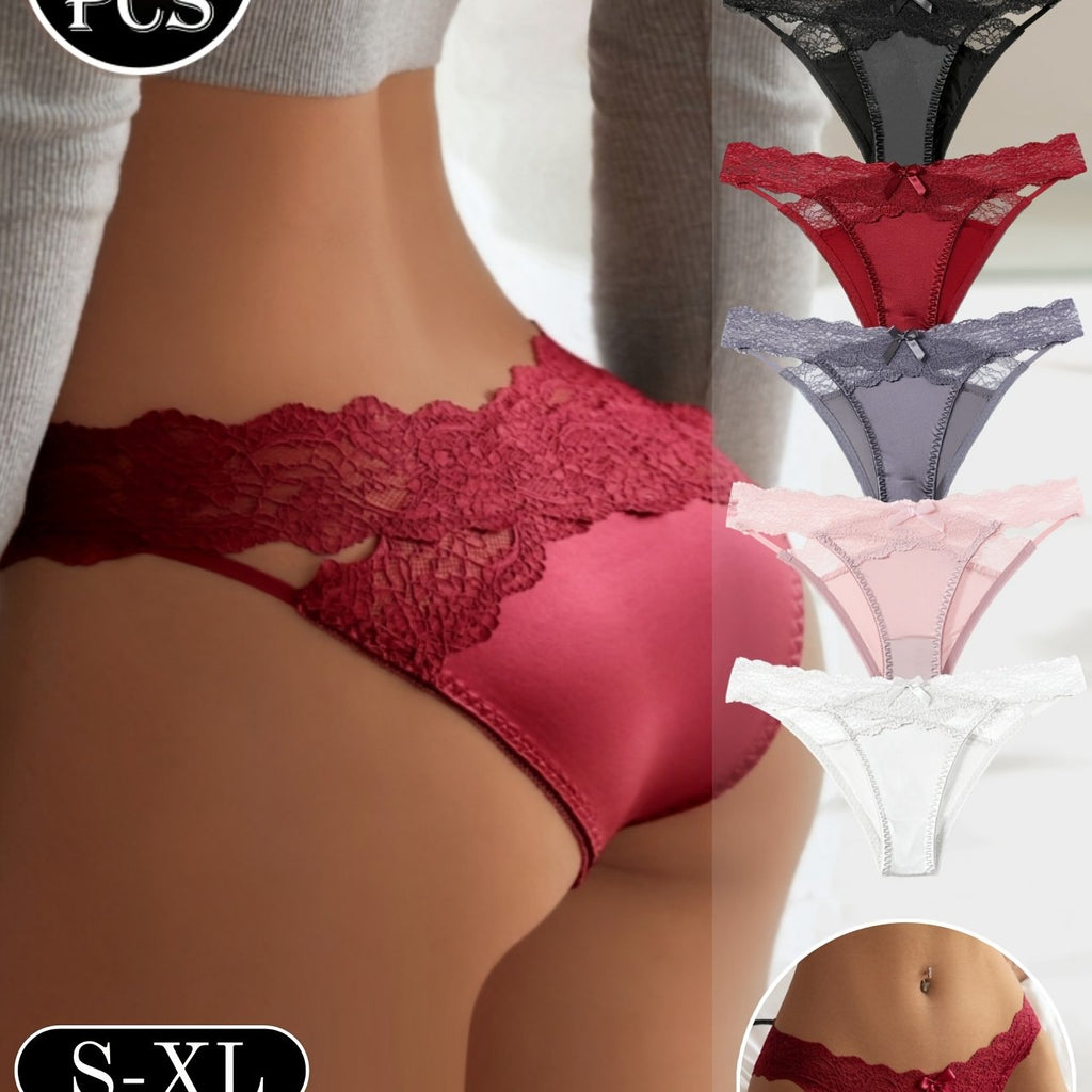 5pcs French-Style Low-Waist Lace Hollow-Out Sexy Satin Bow Panties, - Mixed colors