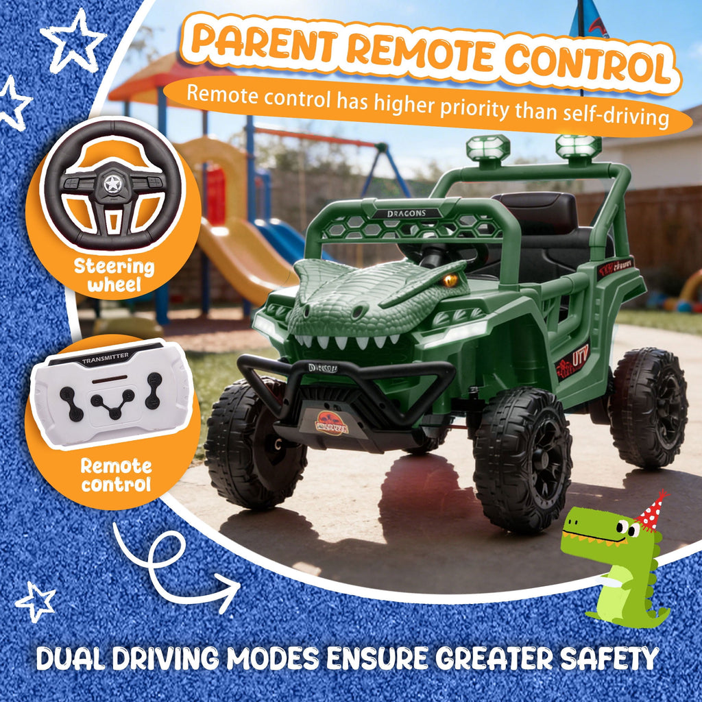 12V Dinosaur Ride on Car for Toddlers Ages 2-4, Kids Electric Ride on Toy with Remote Control, 2.49-3.11 MPH, Dual 35W Motors, Bluetooth, USB, LED, 4 Wheel Suspension Electric Cars for Kids, Green
