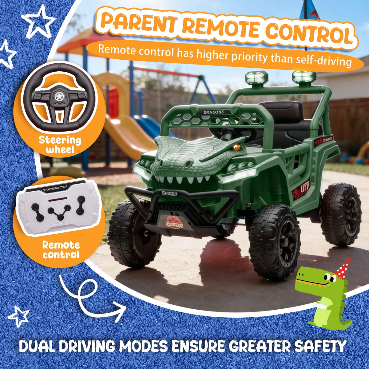 12V Dinosaur Ride on Car for Toddlers Ages 2-4, Kids Electric Ride on Toy with Remote Control, 2.49-3.11 MPH, Dual 35W Motors, Bluetooth, USB, LED, 4 Wheel Suspension Electric Cars for Kids, Green