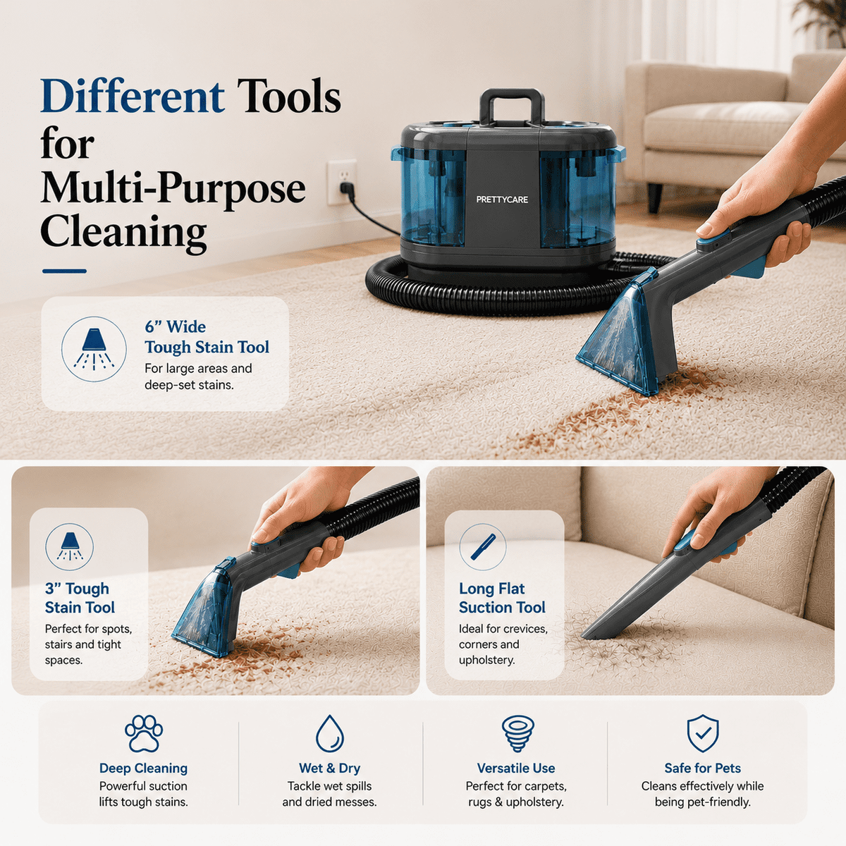 PrettyCare Portable Carpet Cleaner Machine, Rug Cleaner, 20Kpa Carpet Shampooer for Deep Cleaning, Upholstery & Pet Stain Remover, Ideal for Rug & Carpet, BY32A