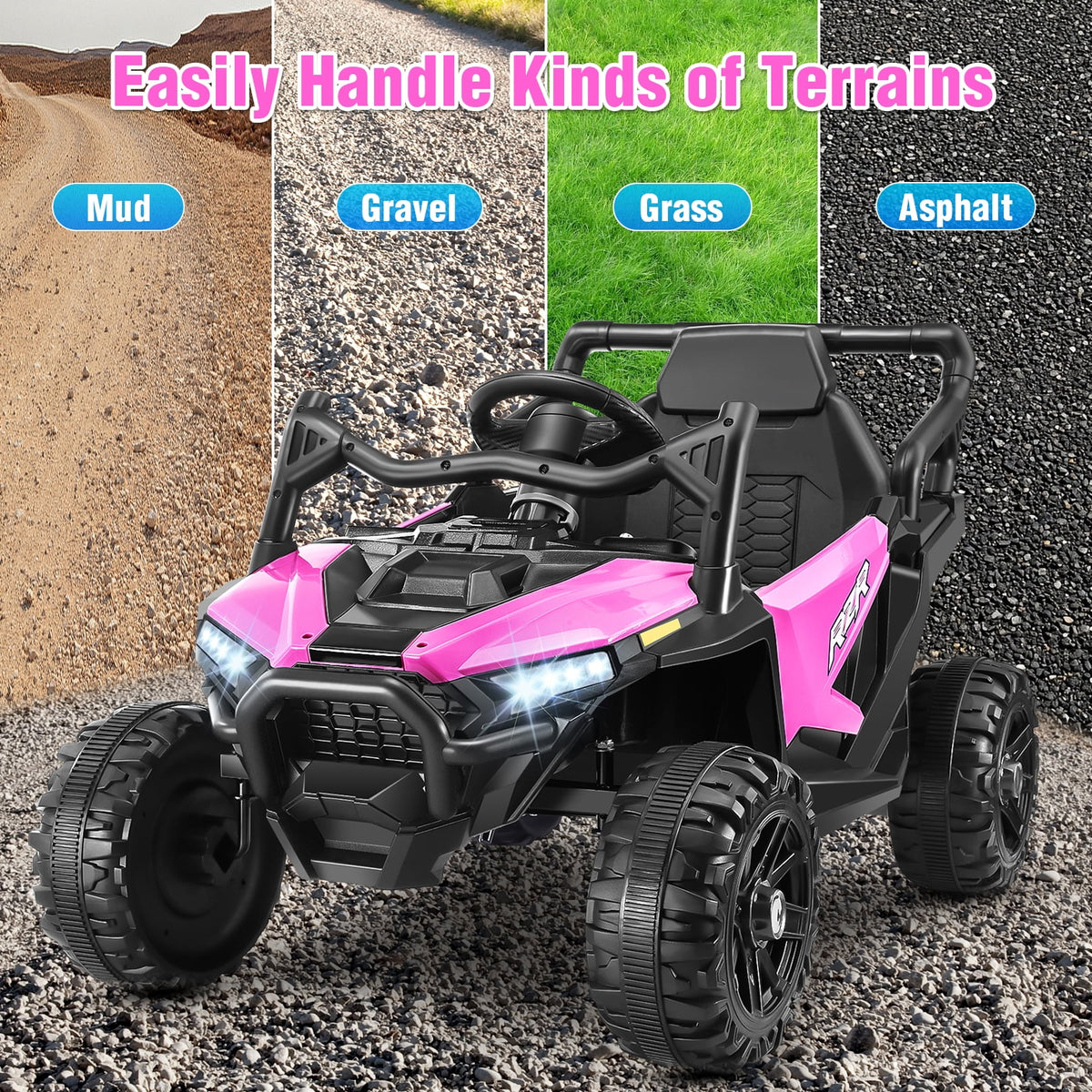 Funcid 24 Volt Ride on Toys with Remote Control & Battery Indicator, 400W Ride on UTV, Electric Car for Kids w/ Bluetooth, Music, LED Lights, Volume Adjustment Knob, 3 Speeds, Pink