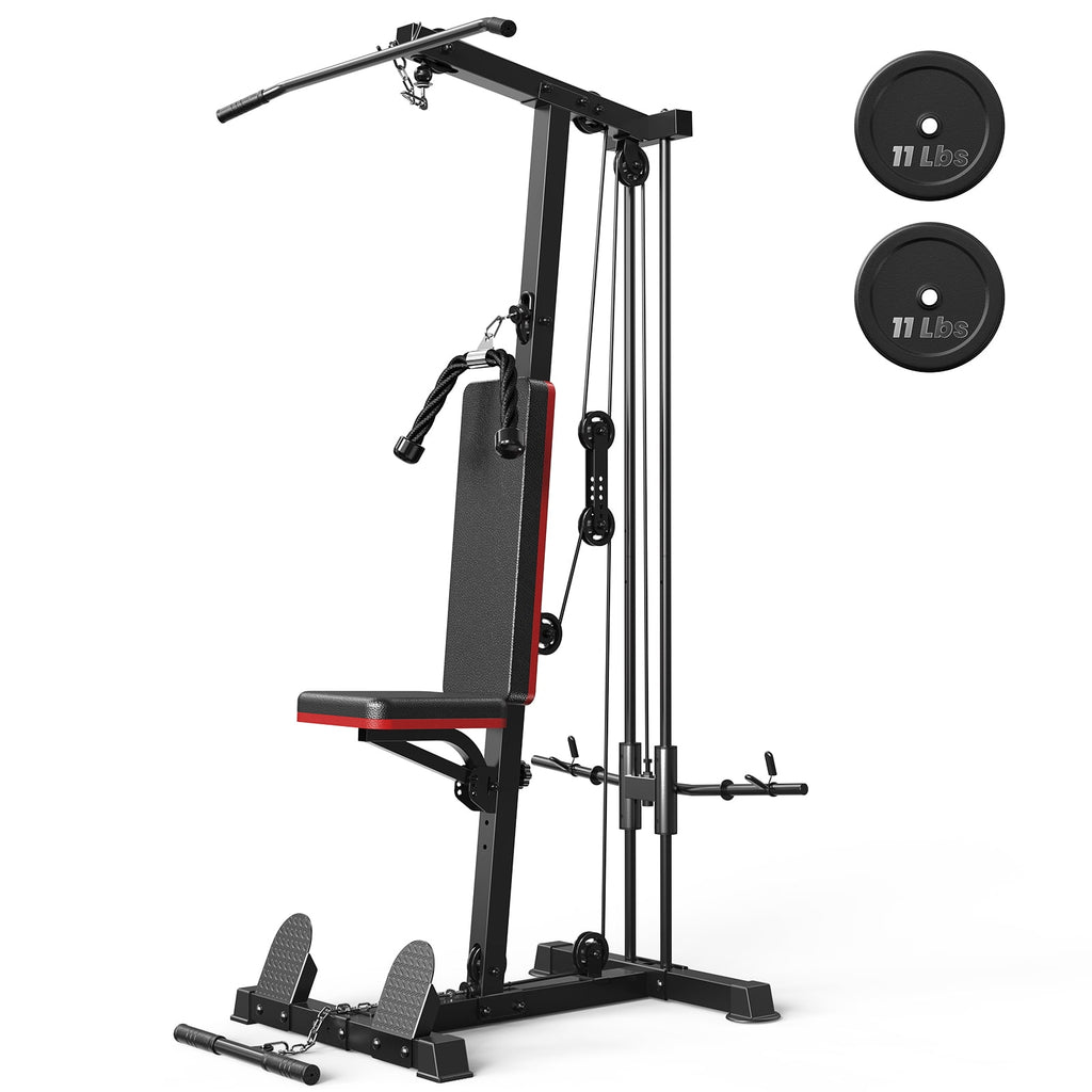 Home Gym Station with Lat Pulldown Seated Row Ab Crunch – 3-in-1 Cable Machine Includes 11lbs Weight Plates, Triceps Rope, Lat Bar, Cable Bar, Resistance Band Hooks