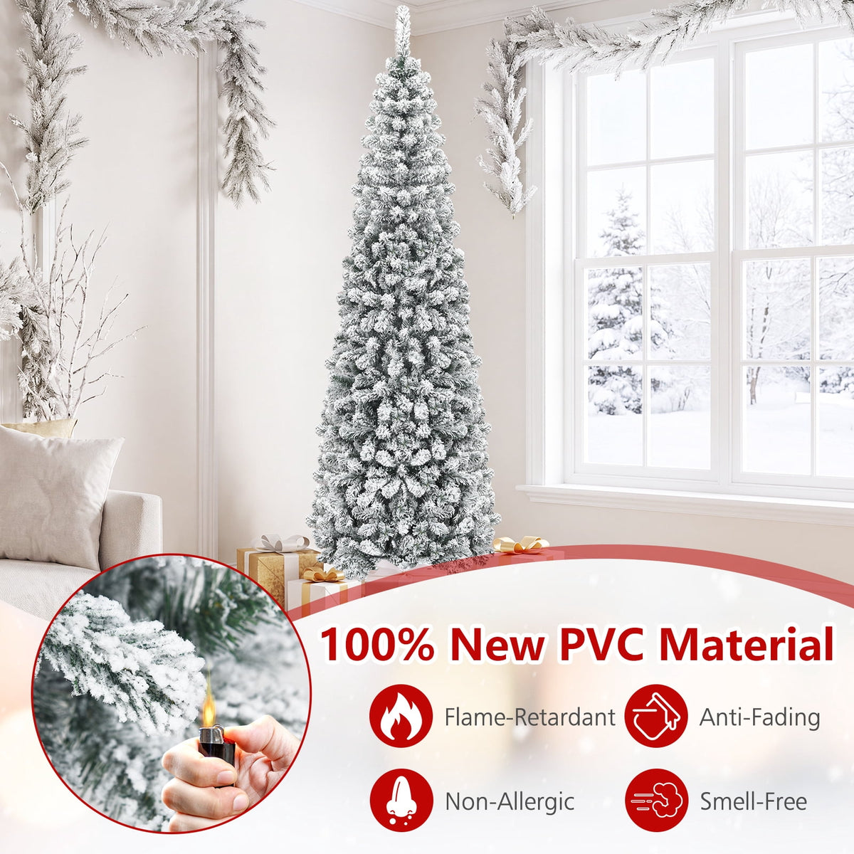 Costway  Unlit Flocked Pencil Christmas Tree Hinged with 641 Branch Tips