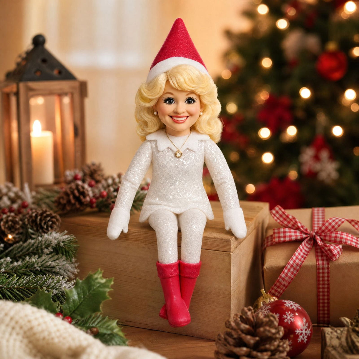 Dolly Blonde Christmas Shelf Elf Doll Figurine, Sparkly White Country Diva Holiday Sitting Toy, Festive Home Mantel Bookshelf Decor Gifts
