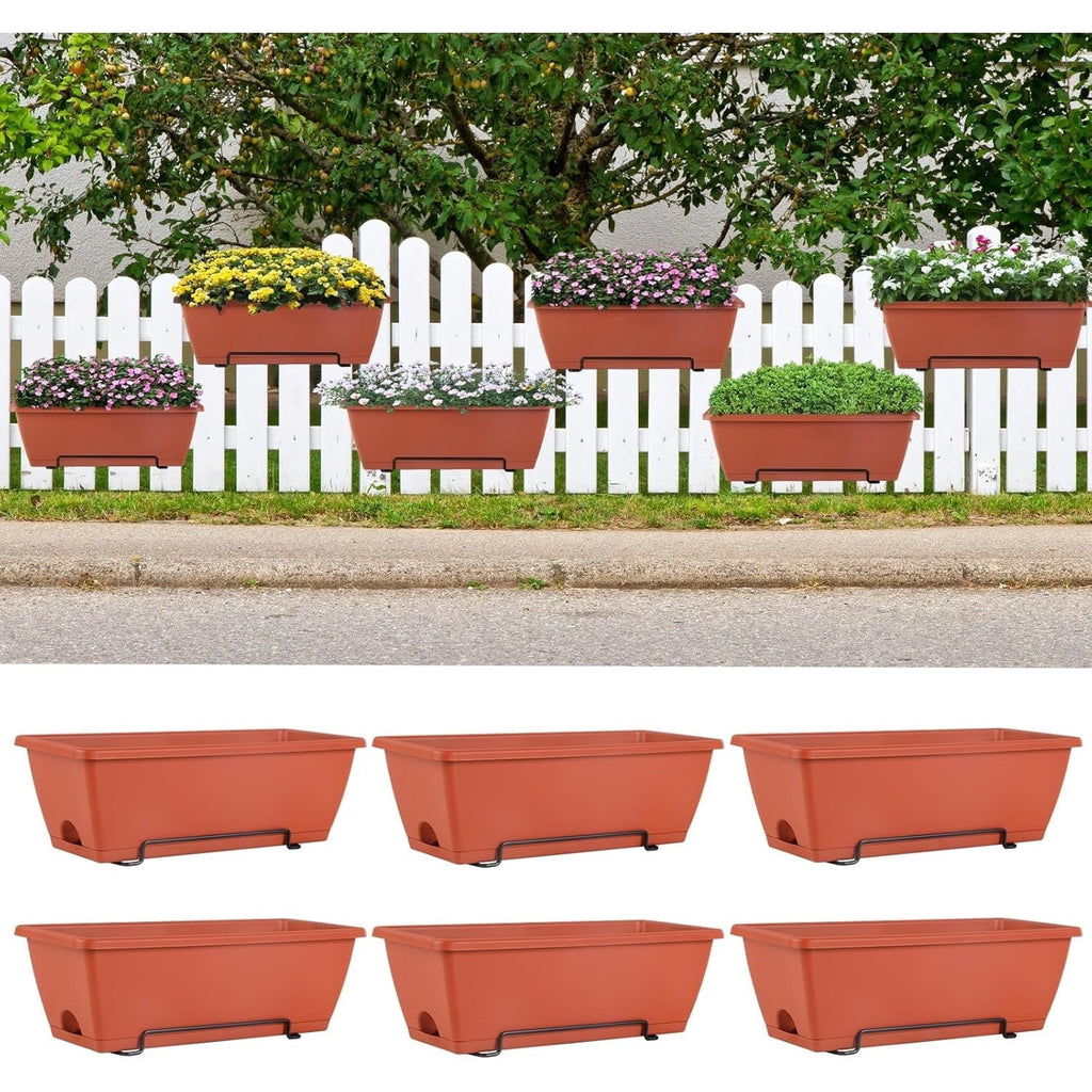6 Pack Railing Planter Box for Balcony Fences Garden, 16.9 Inch Deck Railing Planter Boxes for Plants, Rectangular Hanging Window Boxes Planters, Red