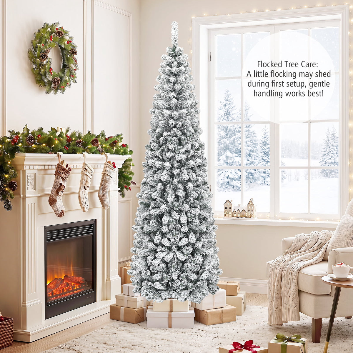 Costway  Unlit Flocked Pencil Christmas Tree Hinged with 641 Branch Tips
