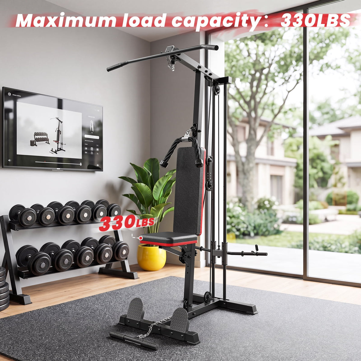 Home Gym Station with Lat Pulldown Seated Row Ab Crunch – 3-in-1 Cable Machine Includes 11lbs Weight Plates, Triceps Rope, Lat Bar, Cable Bar, Resistance Band Hooks