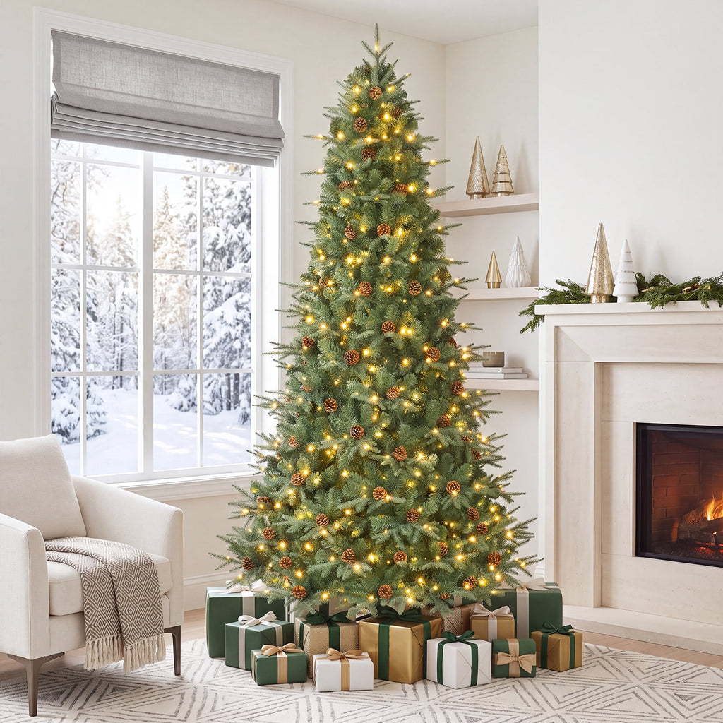 Costway 8Ft Pre-Lit Christmas Tree Hinged 600 LED Lights Pine Cones