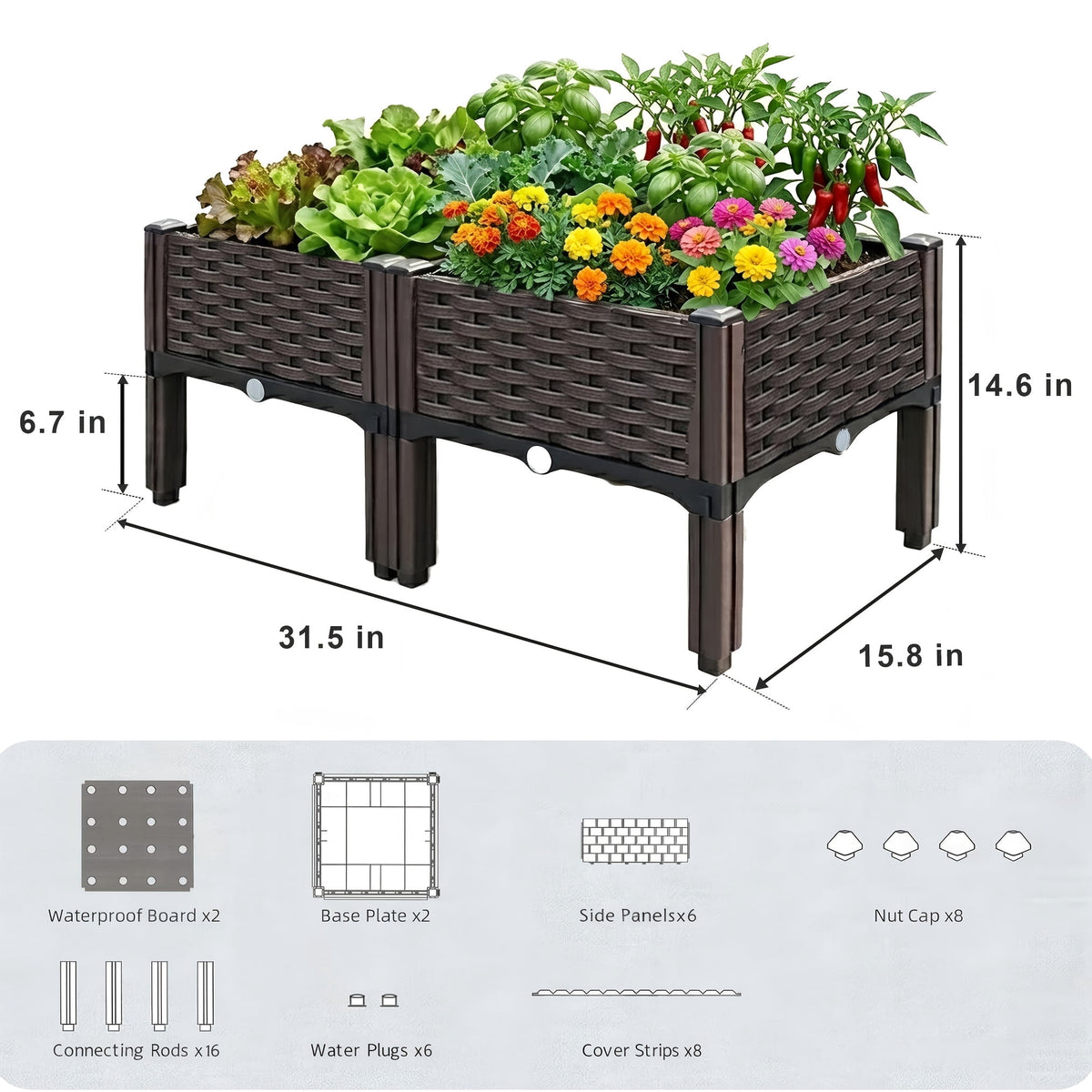 Plastic Raised Planter Bed, Elevated Box with Legs, for Vegetable Herb Flower Planting, Indoor Outdoor Use on Balcony Fence