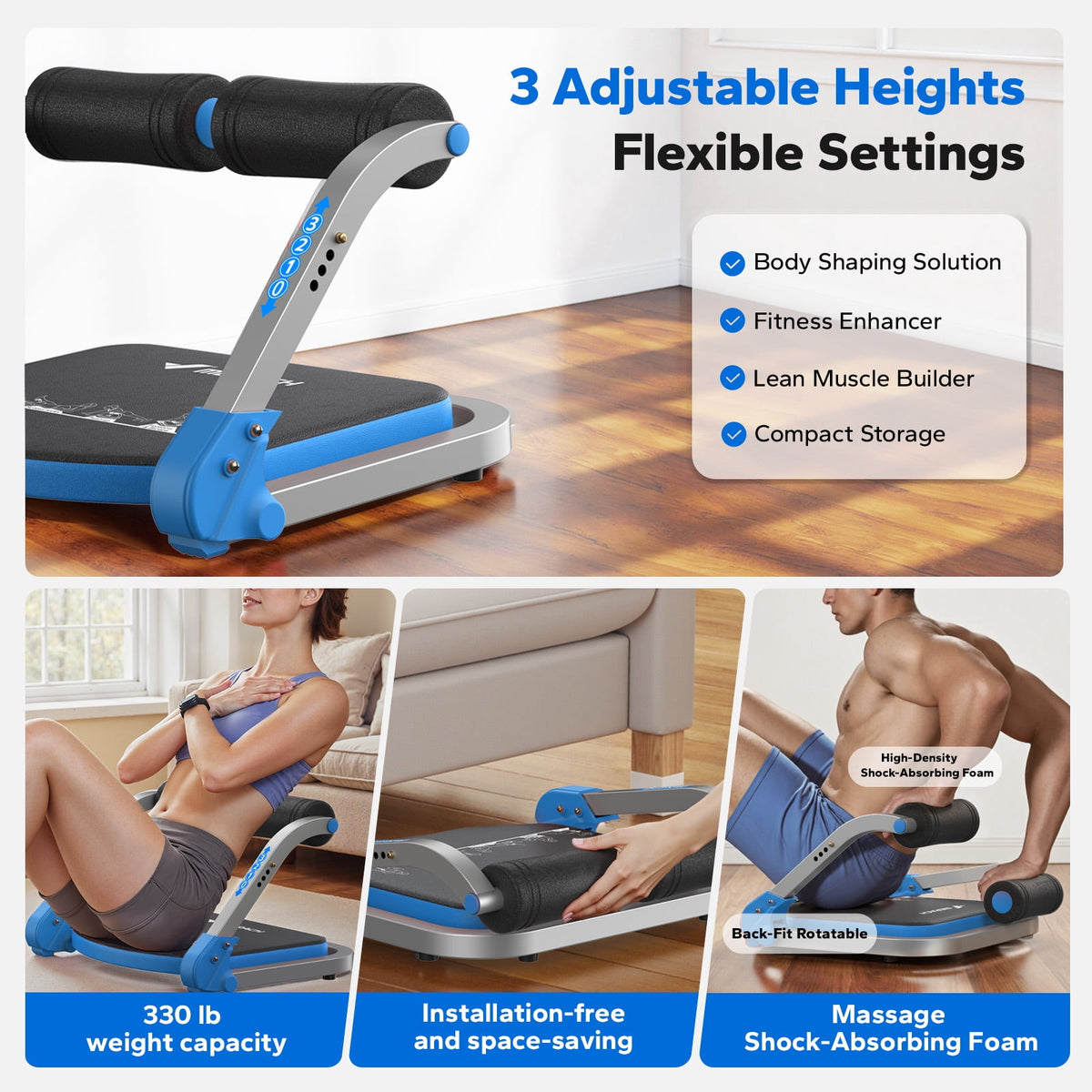 MERACH Ab Machine, Stomach Workout Equipment with 3 Resistance Levels and Auto-Rebound Feature, Sit-Up Equipment Supporting Up to 330 LBS