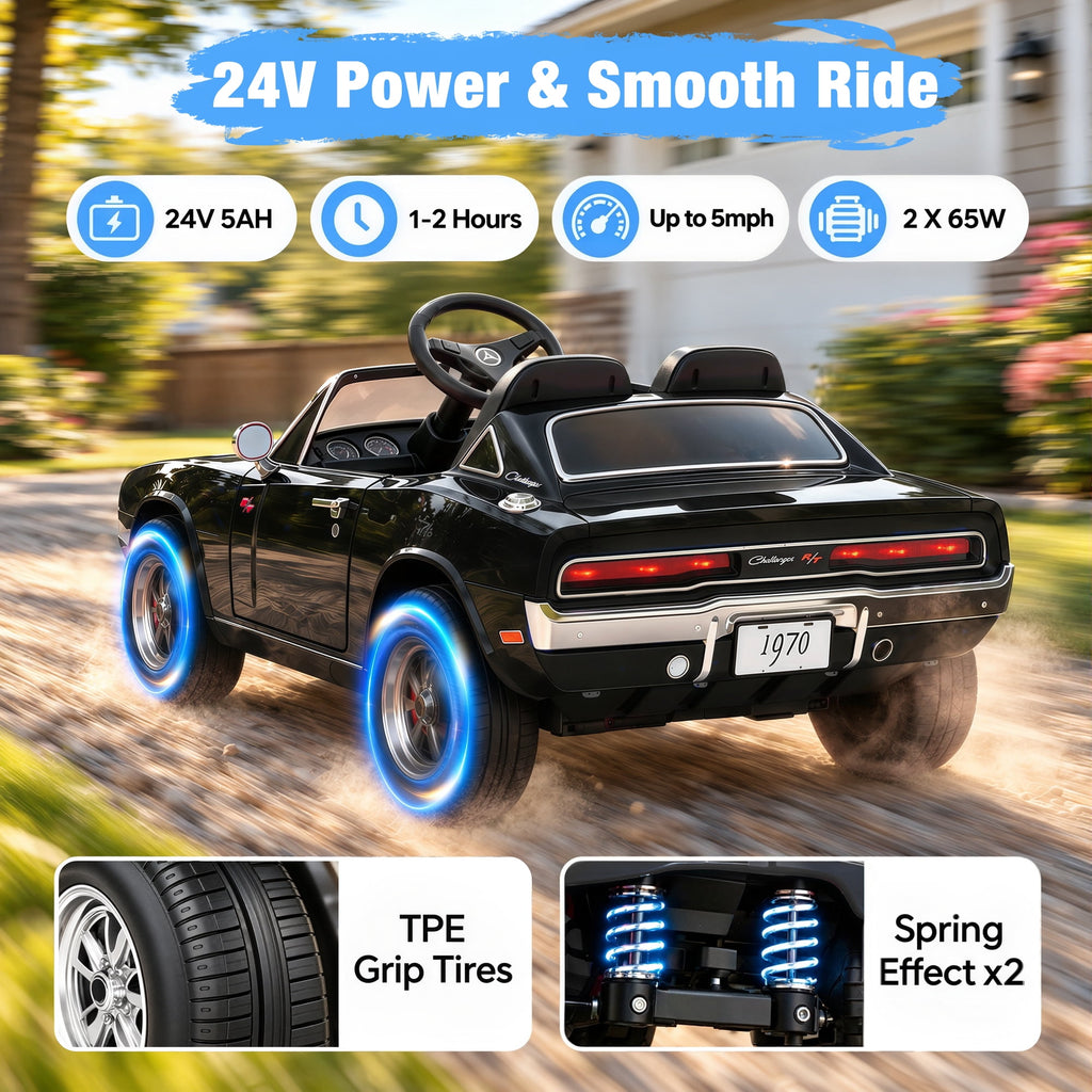 iYofe 24V 2 Seater Licensed 1970 Dodge Charger R/T Powered Ride on Cars, Kids Electric Toys Car with Remote Control, 4 Wheels Spring Suspension, Black